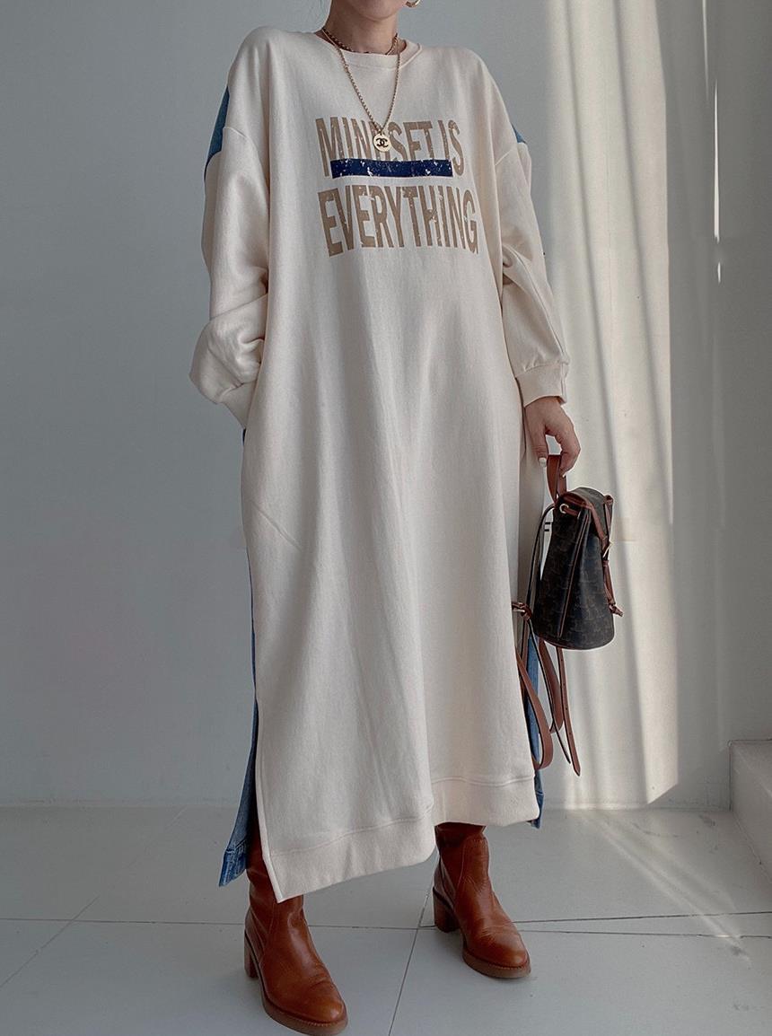 Denim Patch Oversized Sweatshirt Dress