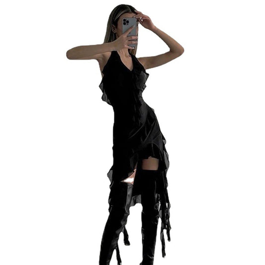 Deep V Halter Ruffle Mini Dress