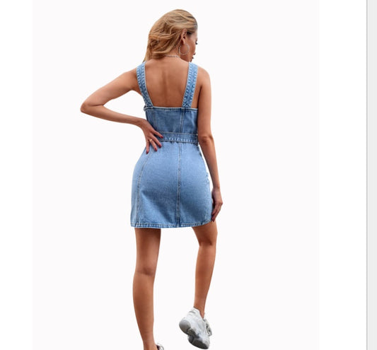 High Waist Denim Pinafore Dress