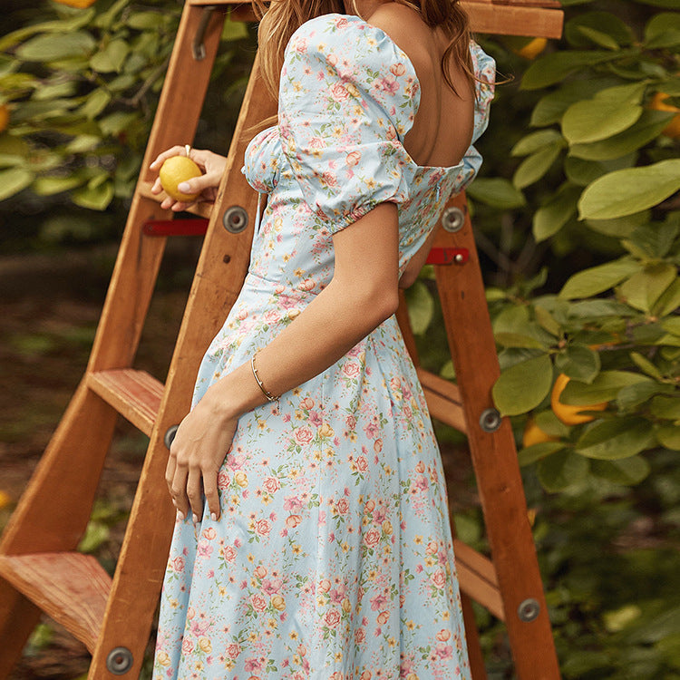 Puff Sleeve Floral Lace Up Slit Dress