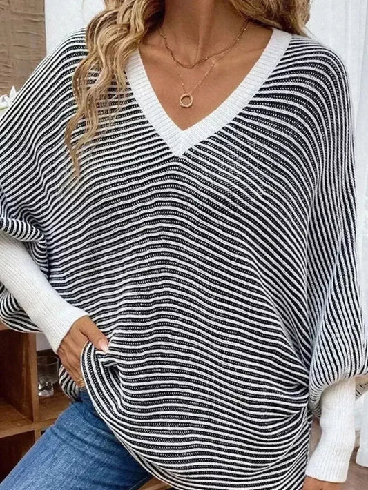 V-Neck Striped Batwing Sleeve Sweater in black, women's top by Sorèla, back view
