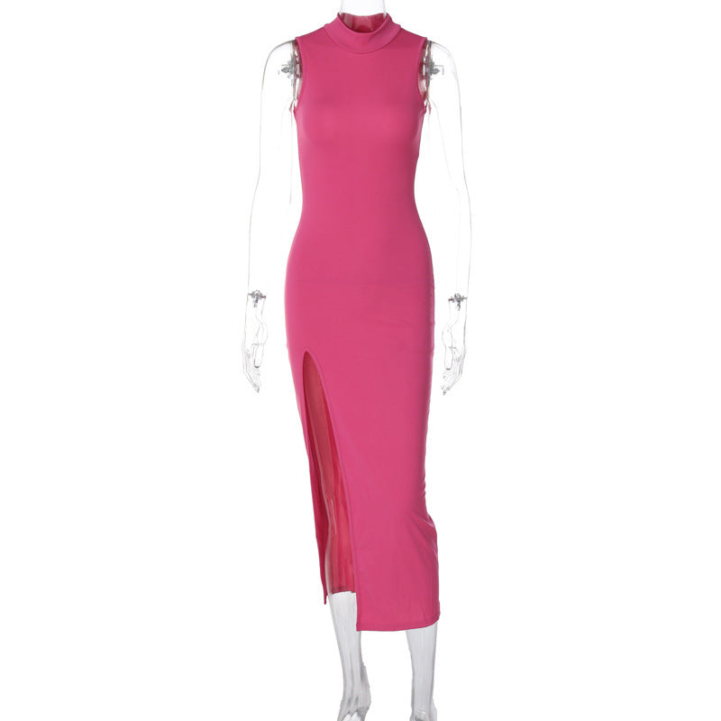 Round Neck Side Slit Midi Dress