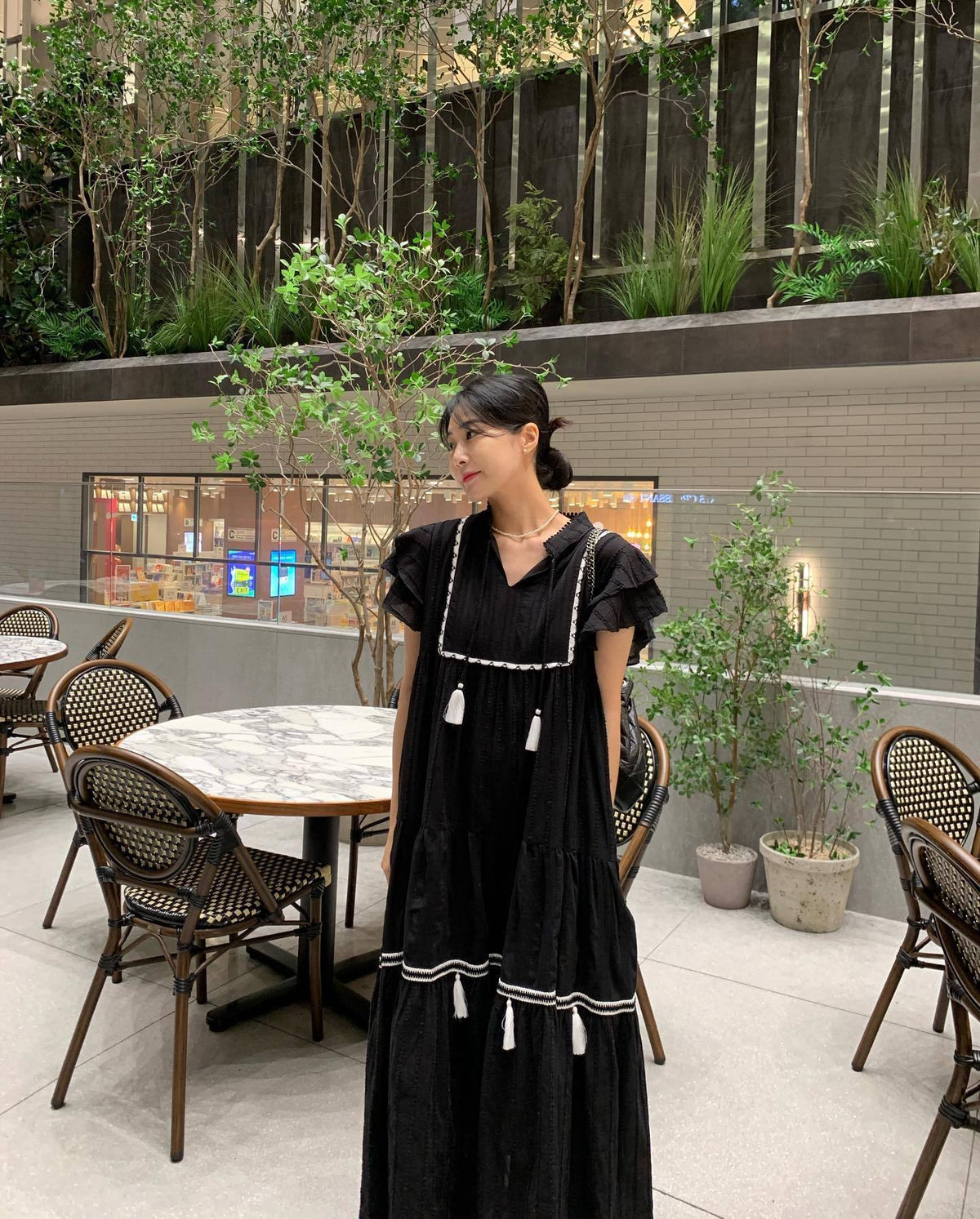 Tassel Trim Tiered Maxi Dress, women's dress by Sorèla, full length view