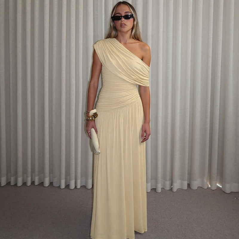 Asymmetric Collar Pleated Dress