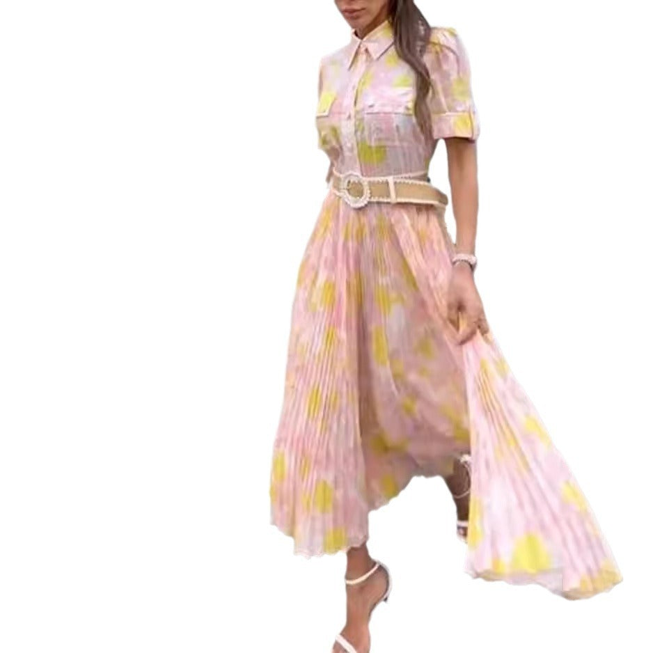 Printed Lapel Pleated Dress