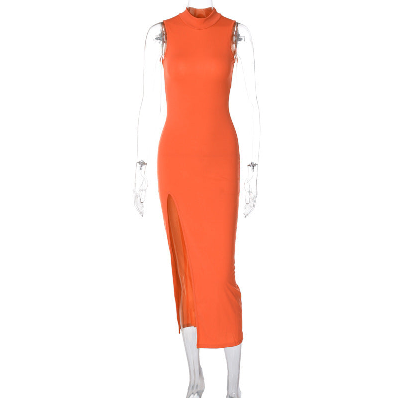 Round Neck Side Slit Midi Dress