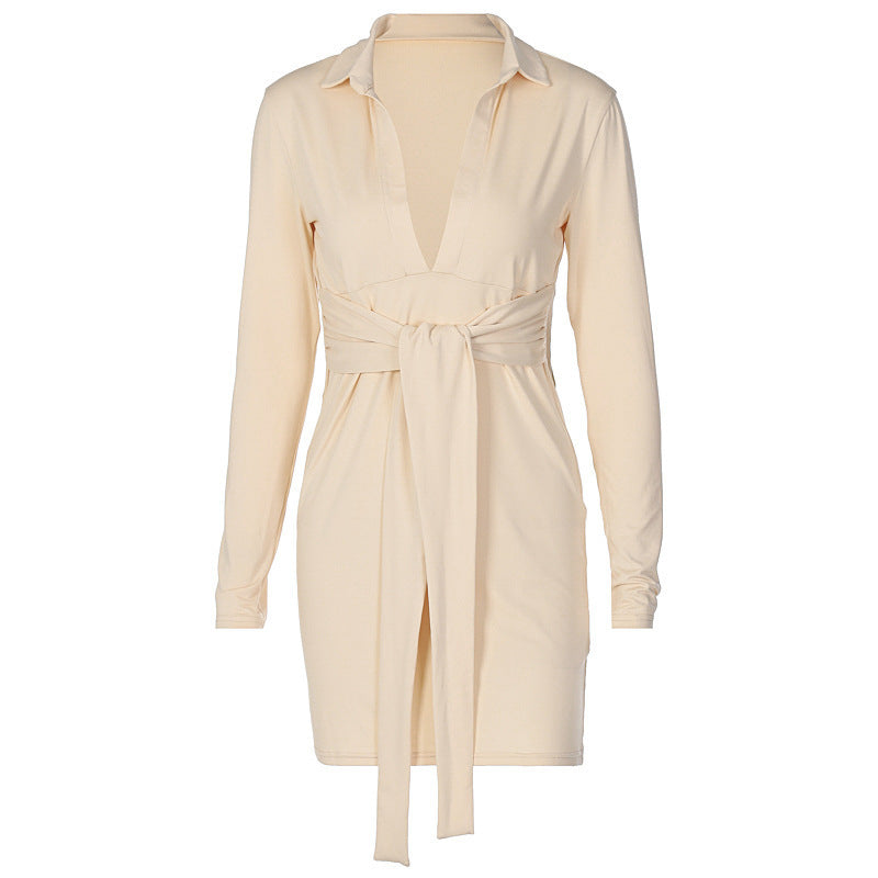 V Neck Long Sleeve Tie Waist Dress
