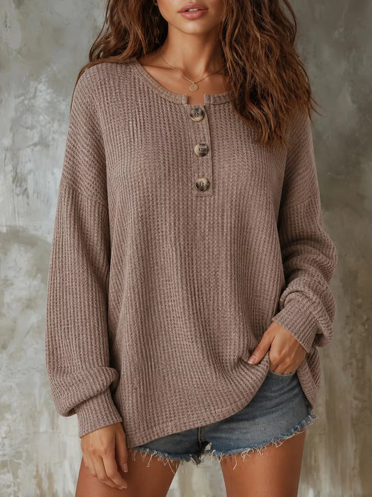 Button Detail Dropped Shoulder Knit Top, women's top by Sorèla, front view