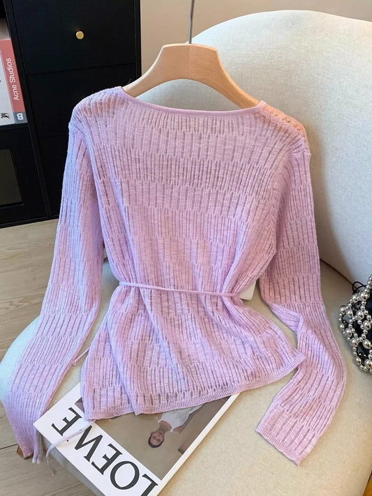 Long Sleeve Knit Top with Tie Detail, women's top by Sorèla, side view