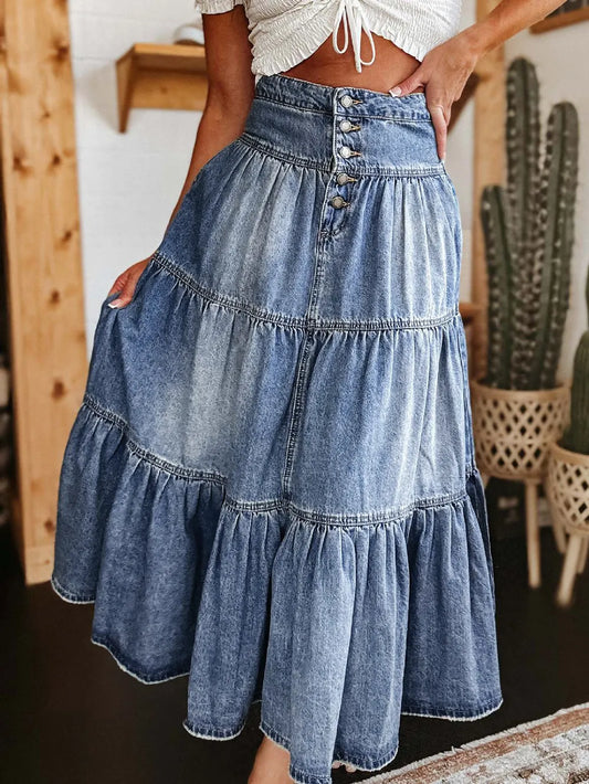 Tiered Button-Fly Denim Skirt in medium, women's bottoms by Sorèla, front view