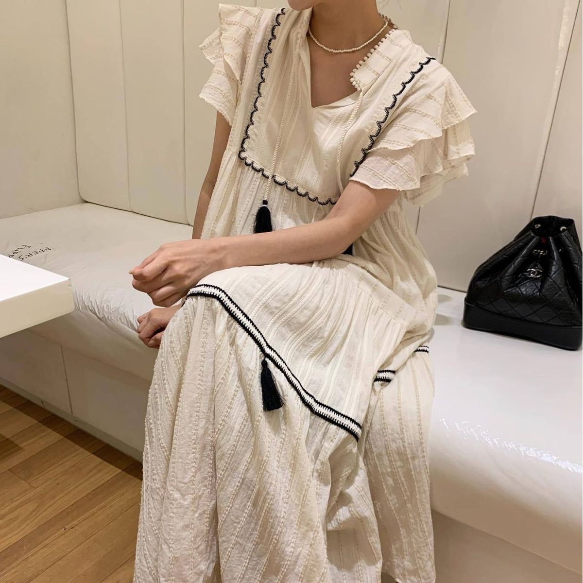Tassel Trim Tiered Maxi Dress, women's dress by Sorèla, styled view