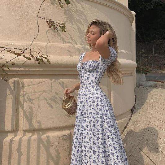 Puff Sleeve Floral Lace Up Slit Dress
