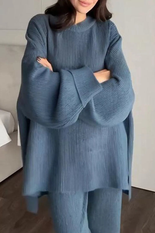Dropped Shoulder Knit Sweater and Wide Leg Pants Set, women's set by Sorèla, detail