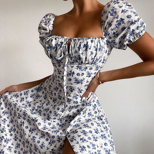 Puff Sleeve Floral Lace Up Slit Dress