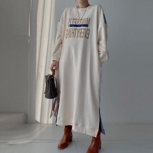 Denim Patch Oversized Sweatshirt Dress