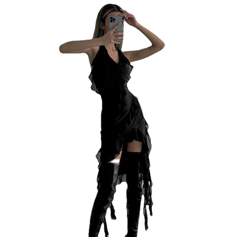 Deep V Halter Ruffle Mini Dress