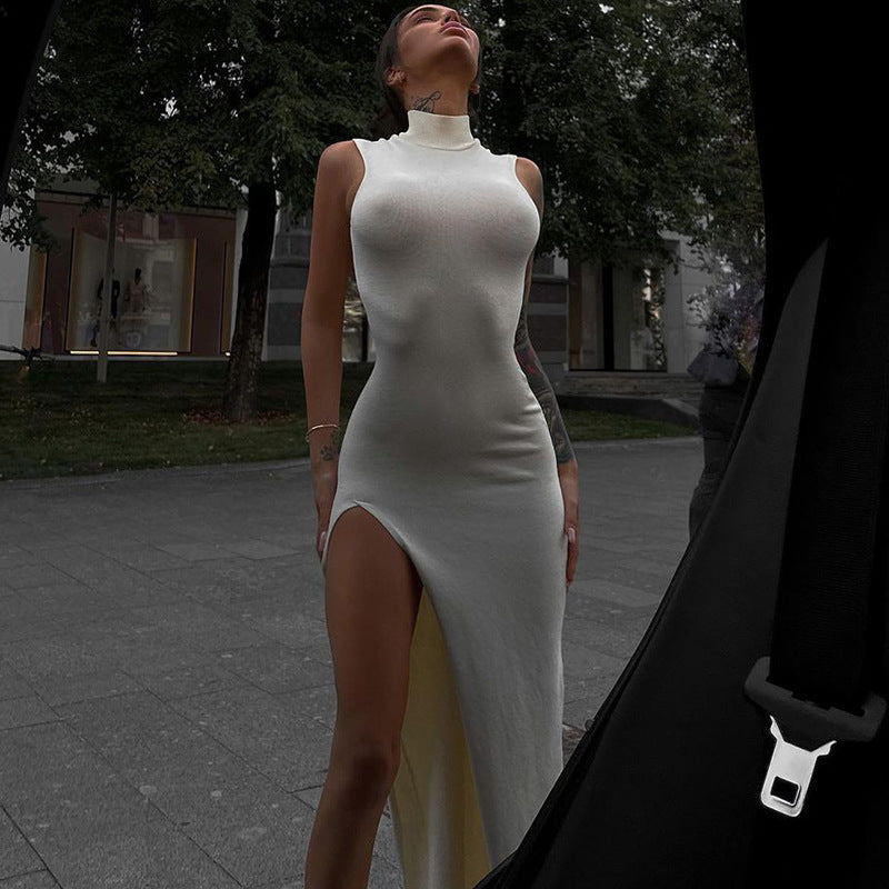 Round Neck Side Slit Midi Dress