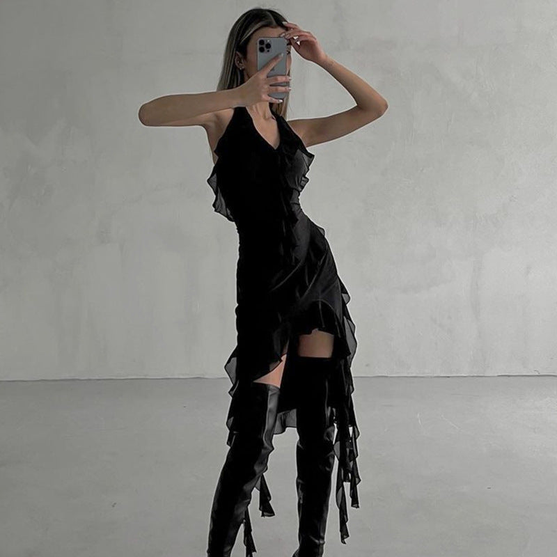 Deep V Halter Ruffle Mini Dress