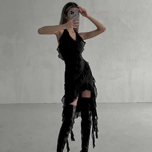 Deep V Halter Ruffle Mini Dress