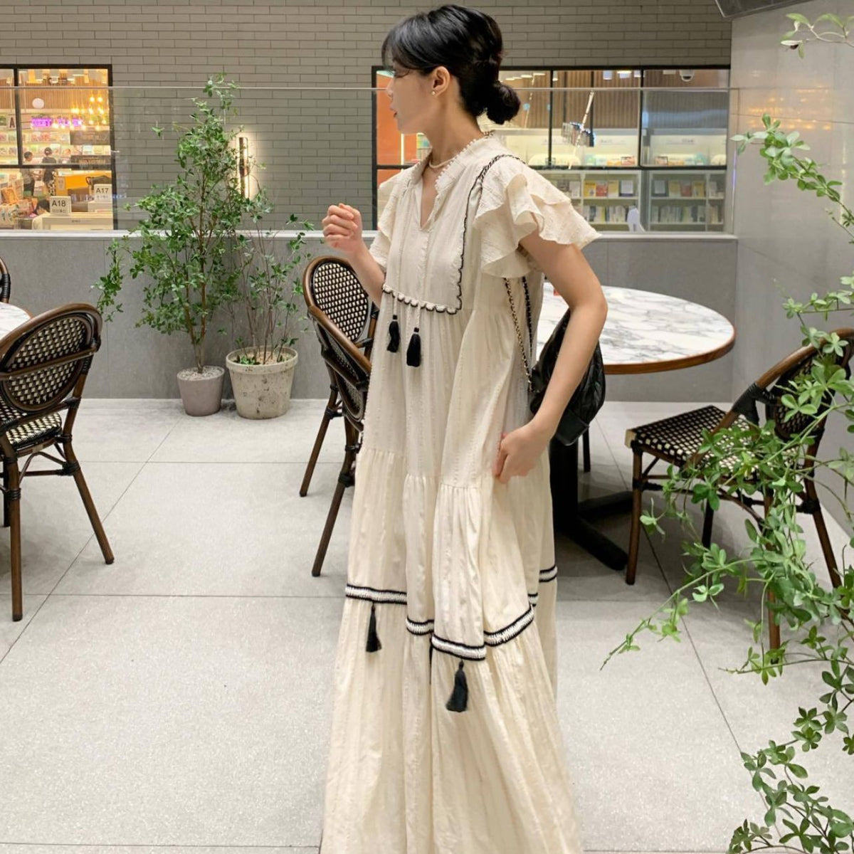 Tassel Trim Tiered Maxi Dress, women's dress by Sorèla, front view