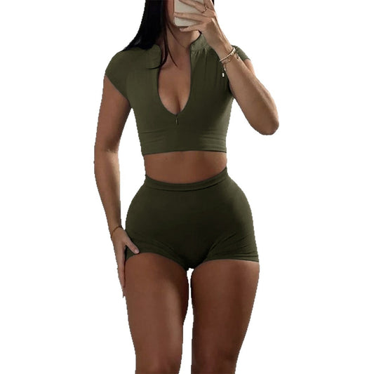 Zip Front Short Sleeve Shorts Set