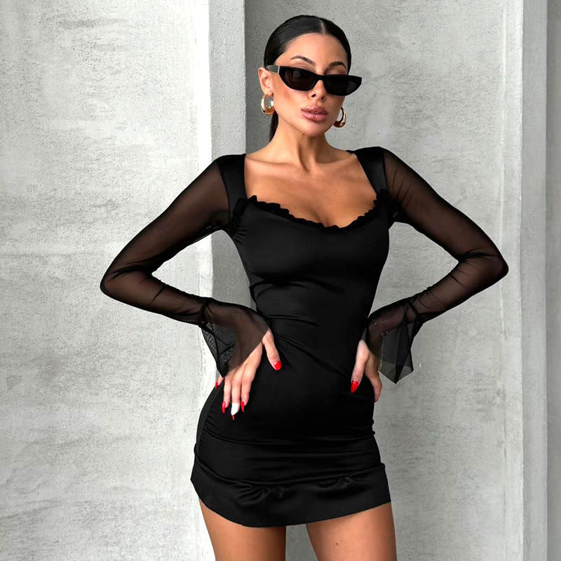Mesh Sleeve Cinched Mini Dress