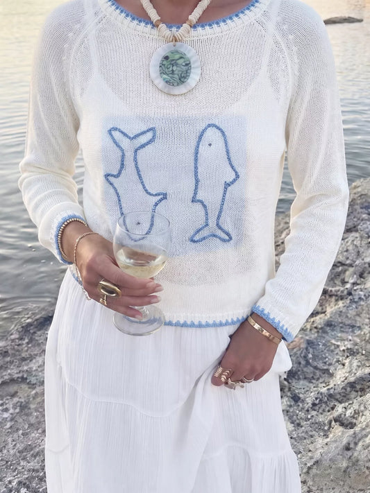 Fish Contrast Trim Knit Top in white, women's top by Sorèla, side view