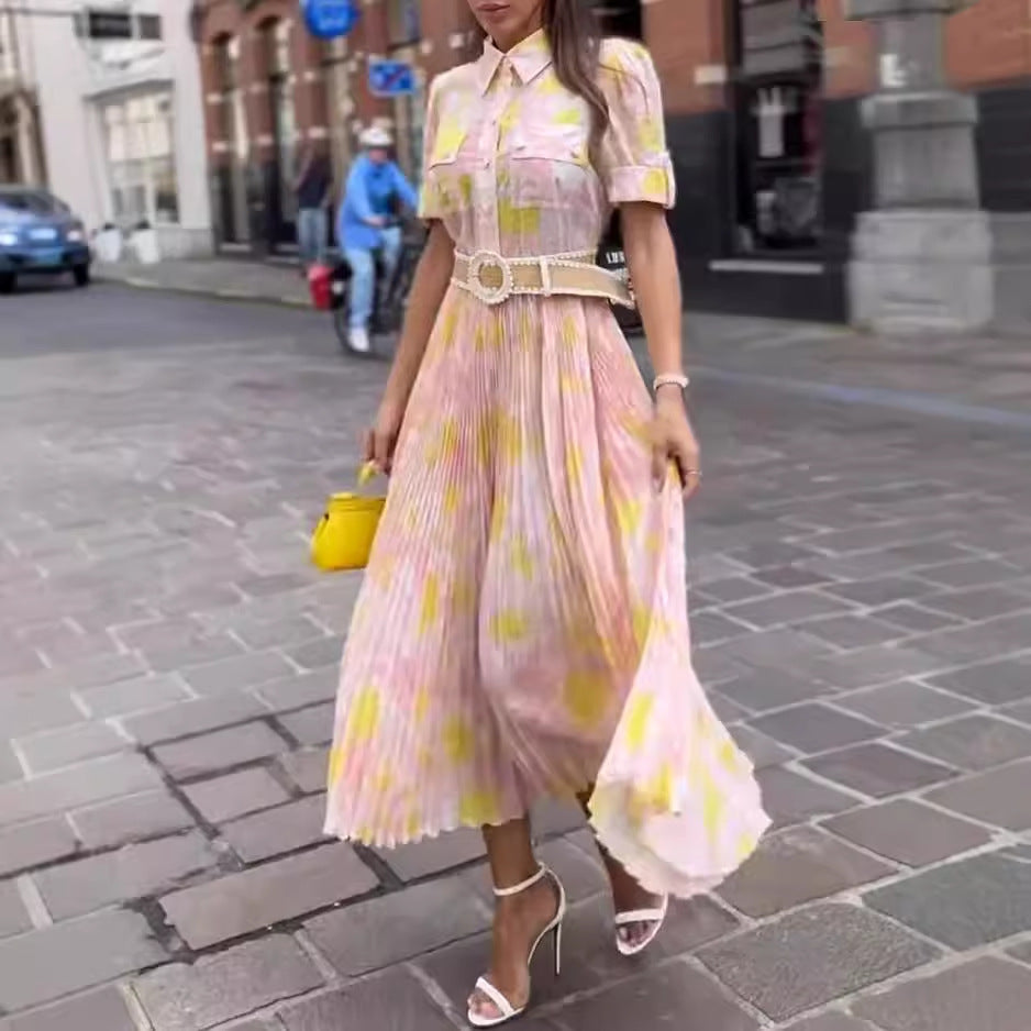 Printed Lapel Pleated Dress