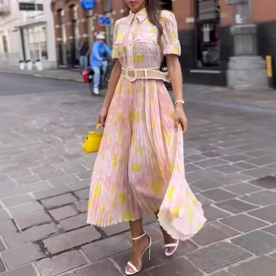Printed Lapel Pleated Dress