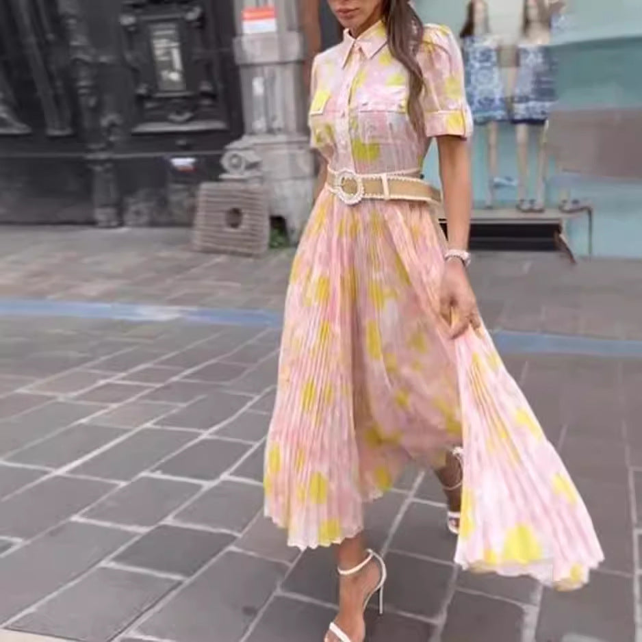 Printed Lapel Pleated Dress