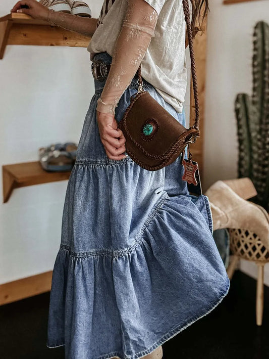 Tiered Button-Fly Denim Skirt in medium, women's bottoms by Sorèla, side view