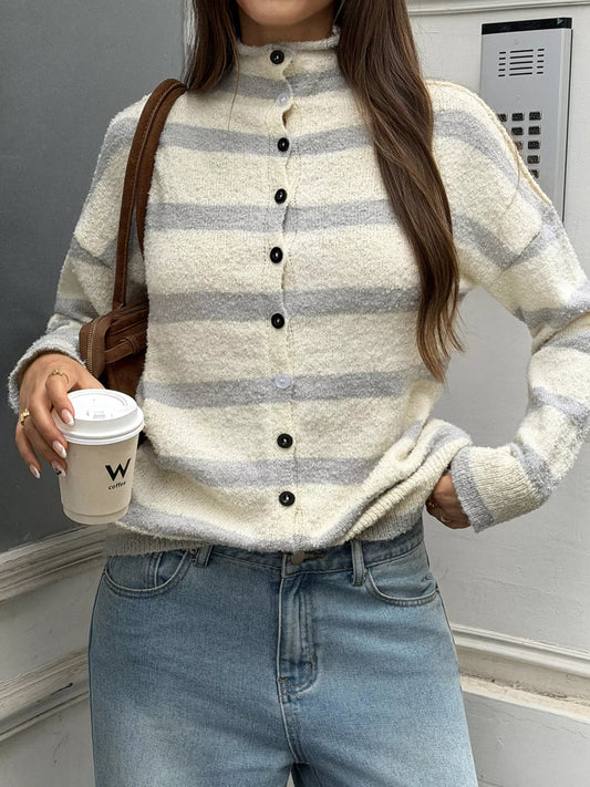 Striped Mock Neck Button-Down Textured Cardigan in gray and apricot stripes, women's top by Sorèla, back view