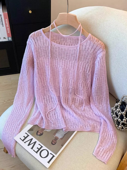 Long Sleeve Knit Top with Tie Detail, women's top by Sorèla, front view
