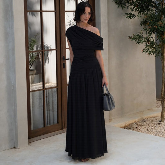 Asymmetric Collar Pleated Dress