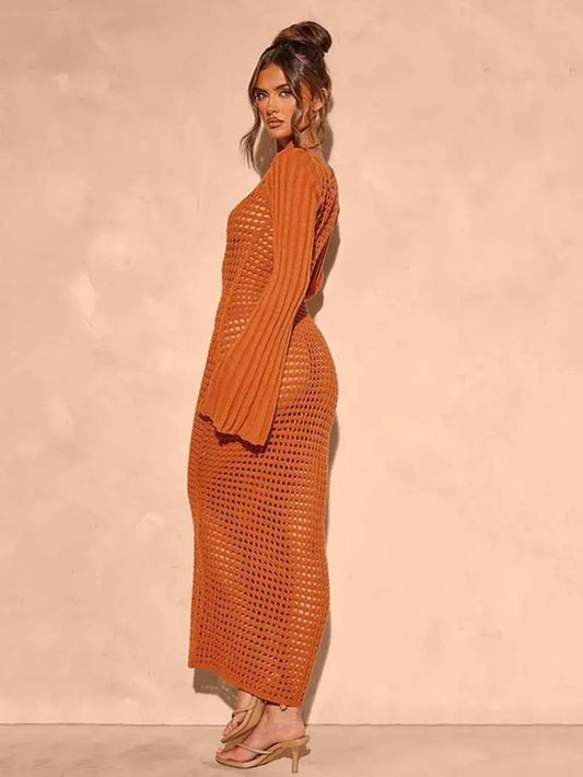 Openwork square neck flare sleeve cover-up dress in rust, showcasing sheer stretch material with a flattering fit.