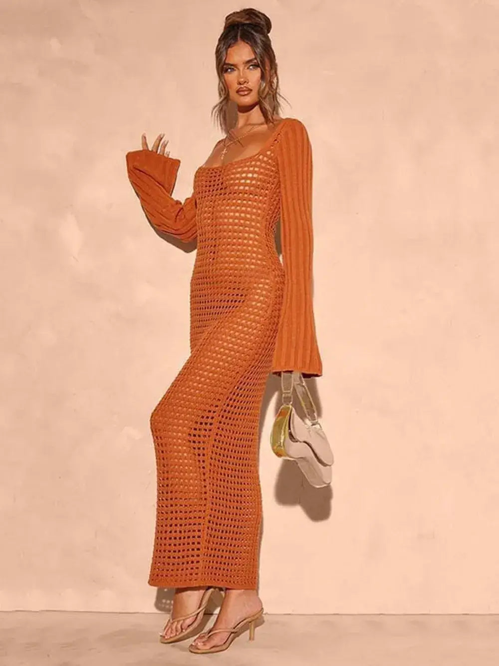 Openwork square neck flare sleeve cover-up dress in rust color, featuring sheer stretch fabric, styled with heels.