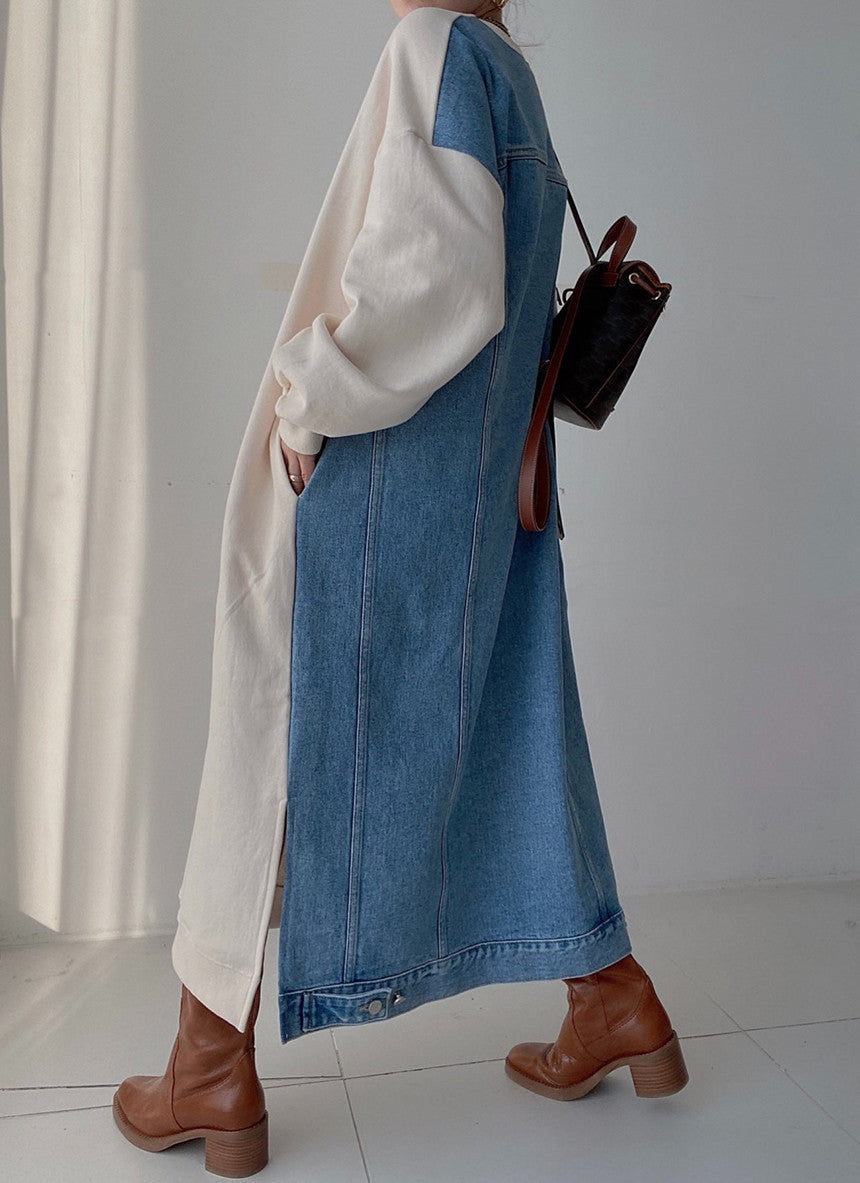 Denim Patch Oversized Sweatshirt Dress