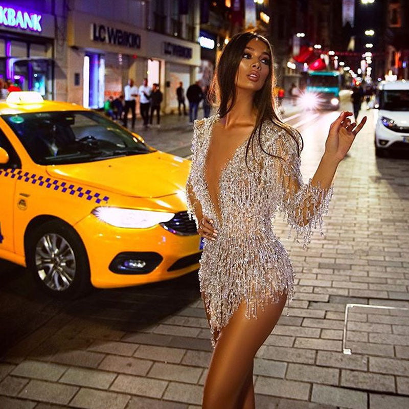 Sequin Tassel Deep V Mini Dress