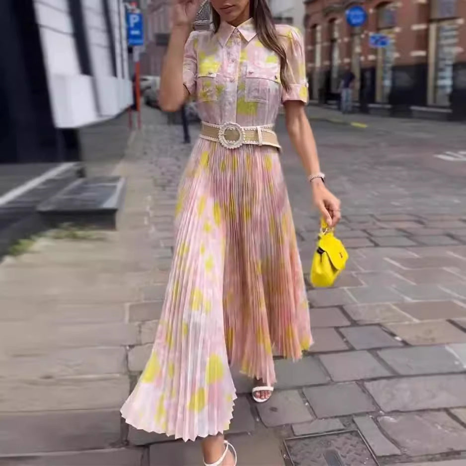 Printed Lapel Pleated Dress