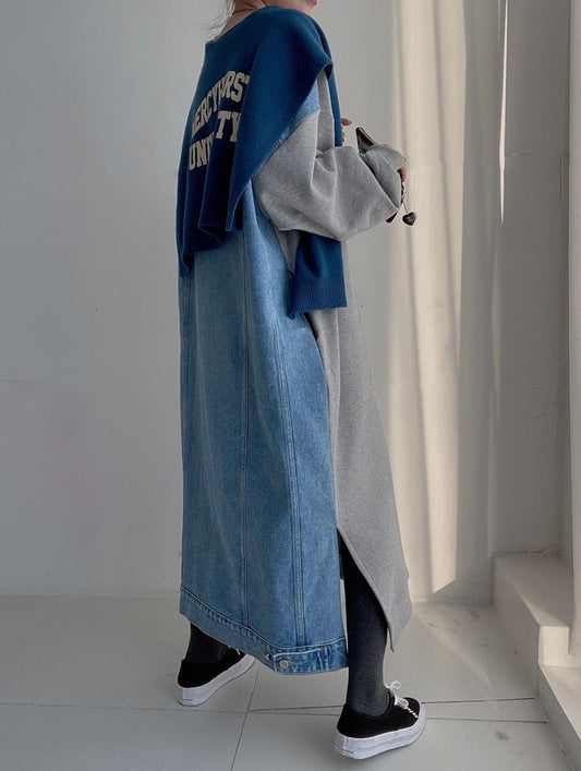 Denim Patch Oversized Sweatshirt Dress