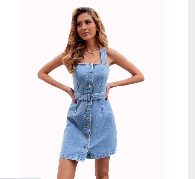 High Waist Denim Pinafore Dress