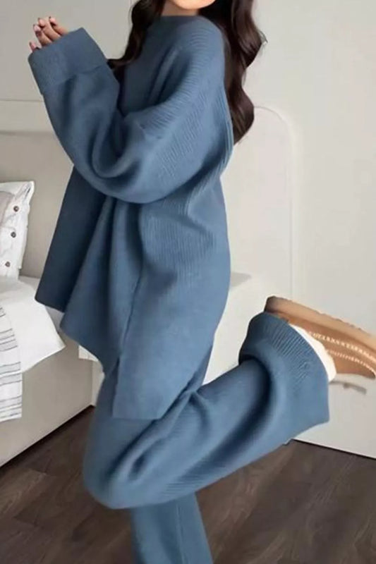Dropped Shoulder Knit Sweater and Wide Leg Pants Set, women's set by Sorèla, back view